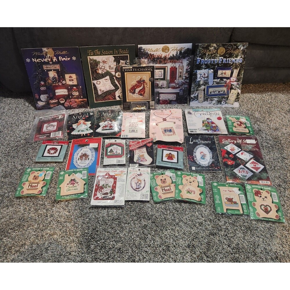 Vintage Christmas Cross Stitch Kits And Pattern Book Lot